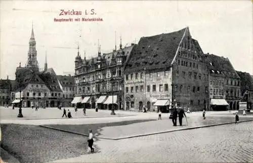Ak Zwickau in Sachsen, Hauptmarkt mit Marienkirche, Apotheke, Kräuter Gewölbe