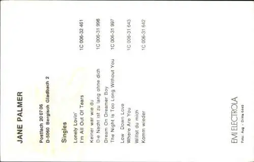 Foto Sängerin Jane Palmer, Portrait, Autogramm