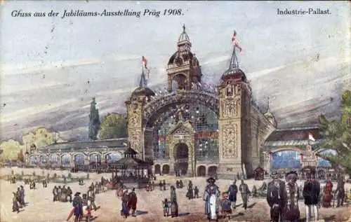 Ak Praha Prag Tschechien, Jubiläums-Ausstellung 1908, Industrie-Palast, Menschenmenge, Archite...