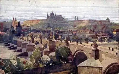 Künstler Ak Setelik, Praha Prag, Panorama des Hradschin, Brücke