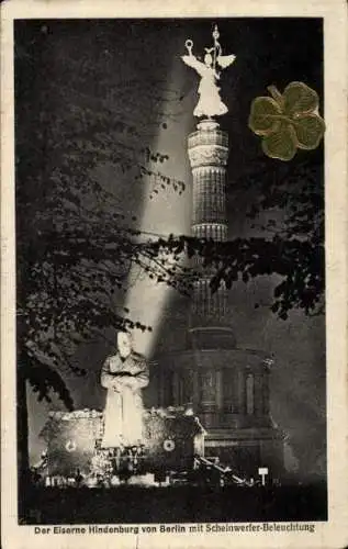 Ak Berlin Charlottenburg, Kurfürstendamm, Eiserner Hindenburg, Statue, Scheinwerfer-Beleuchtun...