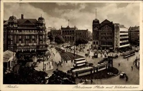 Ak Berlin Tiergarten, Potsdamer Platz mit Verkehrsturm, Straßenbahnen