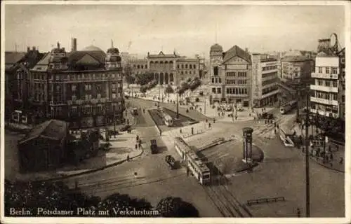 Ak Berlin Tiergarten, Potsdamer Platz, Verkehrsturm, Straßenbahnen