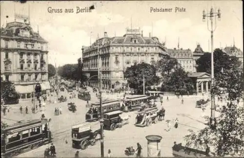 Ak Berlin Tiergarten, Blick auf den Potsdamer Platz, Straßenbahn, Kutschen