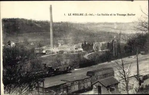 Ak Le Houlme Seine Maritime, Industrieansicht, Tissage Butler, schmales Tal, Zug, hohe Chimney