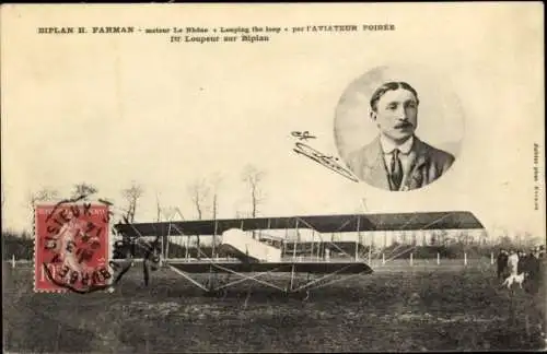 Ak Biplan H. Farman, Moteur Le Rhone Looping the loop par l'Aviateur Poiree