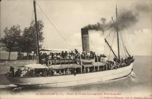 Ak Le Pouliguen Loire Atlantique, Dampfschiff, Abfahrt nach Belle-Ile-en-Mer, viele Passagiere, N