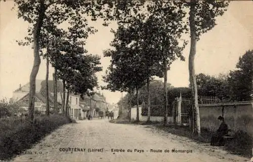 Ak Courtenay Loiret, Straße mit Bäumen, Häusern, ruhende Person, ländlicher Charme
