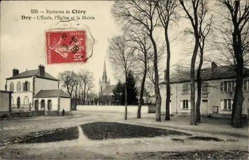 Ak Cléry Dry Loiret, Schule, Kirche, Rathaus