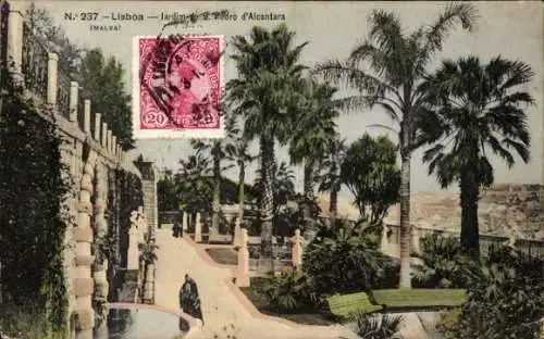 Ak Lisboa Lissabon Portugal, Jardim Pedro d'Alcantara, Parklandschaft, Palmen, Mensch im Bild