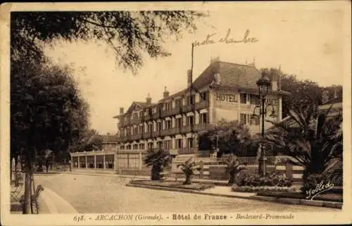 Ak Arcachon Gironde, Hôtel de France, Boulevard-Promenade, schöne Architektur, Palmen,  Karte