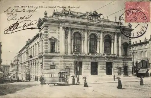 Ak Montpellier Hérault, Grand Théâtre Municipal, Gebäude, Straße, Straßenbahn, Passanten, Archite