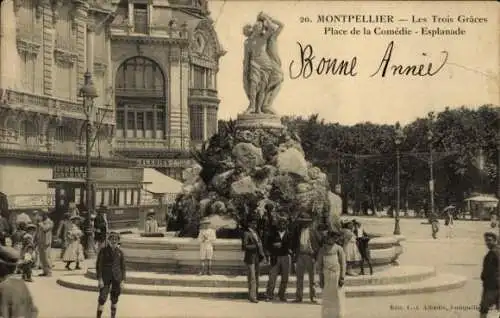 Ak Montpellier Hérault, Brunnen, Platz, Les Trois Grâces, Esplanade,  Szene