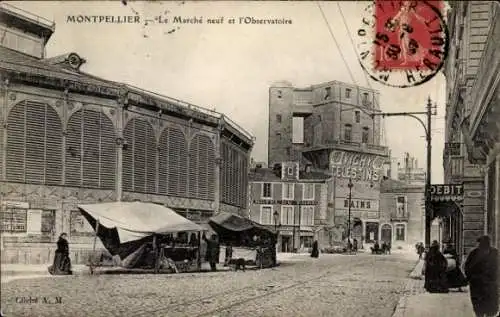 Ak Montpellier Hérault, Markt, Observatorium, Häuser, Straßen, Stände, Menschen