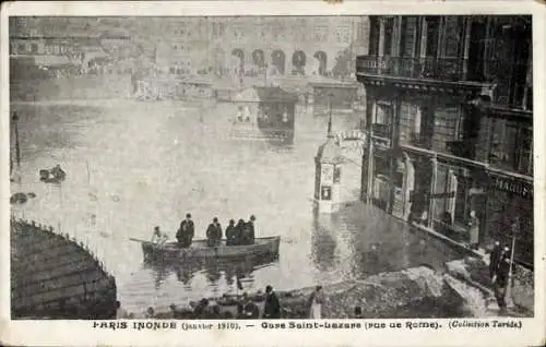 Ak Paris, Boulevard Saint Germain, Überschwemmung, Gare Saint-Lazare, Januar 1910, Boat Tour