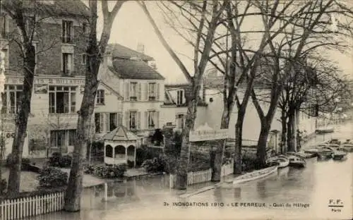 Ak Le Perreux sur Marne Val de Marne, Flusslandschaft, Überflutungen 1910, Quai du Halage, Gebäud