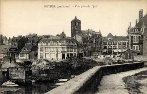 Ak Rethel Ardennes, Historische Stadtansicht, Gebäude am Quai, Wasserturm, Schwarz-Weiß