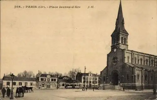 Ak Paris XIII , Platz Jeanne-d'Arc, Kirche, Straßenbahn,  Aufnahme