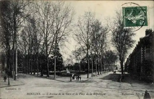 Ak Moulins Allier, Avenue de la Gare, Place de la République, Bäume, Poststempel, 