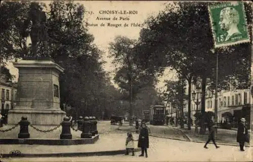 Ak Choisy le Roi Val de Marne, Avenue de Paris, Statue de Rouget de l'Isle