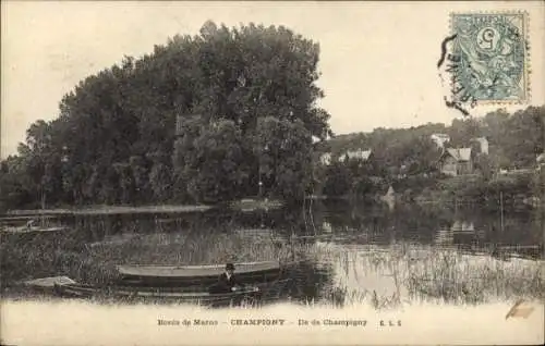 Ak Champigny sur Marne Val de Marne, Bords de Marne, Boot auf dem Wasser, Baumreihe, Häuser im Hi