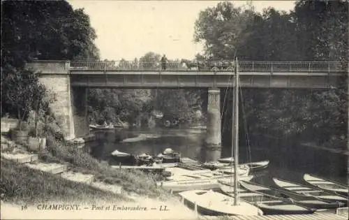Ak Champigny sur Marne Val de Marne, Brücke, Bootssteeg, Fluss, Natur, Schwarz-Weiß