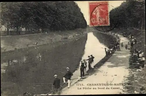 Ak Charenton Saint Maurice Val de Marne, La Peche au bord du Canal