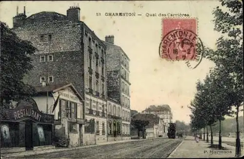 Ak Charenton le Pont Val de Marne,  Quai des Carrières, Restaurant, Tabac, Straßenansicht