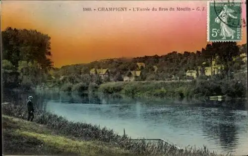 Ak Champigny sur Marne Val de Marne, Flusslandschaft, Bäume, kleine Häuser, Abendstimmung, Karte