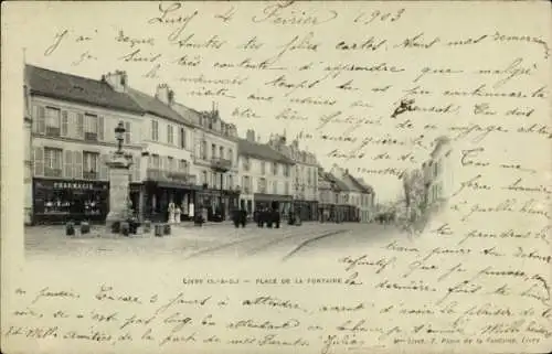 Ak Livry Seine Saint Denis,  Platz de la Fontaine, Gebäude, Menschen, Apotheke