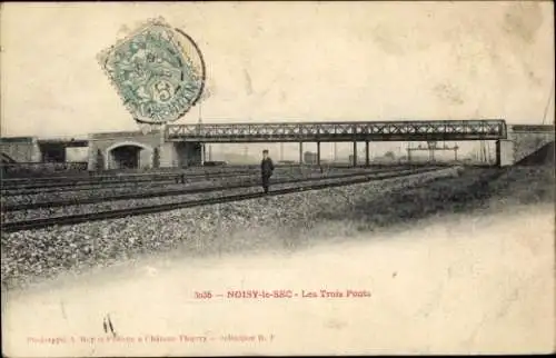 Ak Noisy le Sec Seine Saint Denis, Les Trois Ponts, Eisenbahngleise