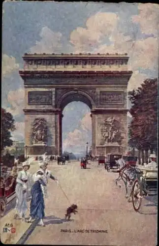 Ak Paris VIII Élysée, Arc de Triomphe,  Architektur, Kutschen, Spaziergänger, Hund