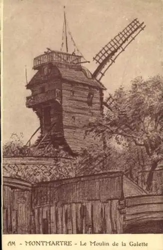 Ak Paris XVIII Montmartre, Moulin Rouge, Le Moulin de la Galette, Windmühle, Zeichnung, Holzbau, 