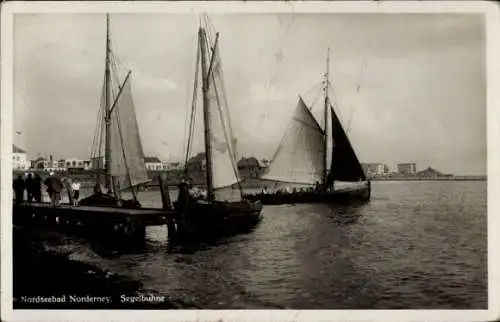 Ak Norderney, Blick auf Segelbuhne, Segelschiff Forelle