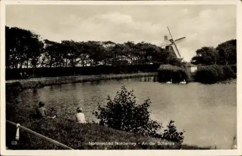 Ak Nordseebad Norderney in Ostfriesland, Partie an der Schanze, Blick auf See mit Schwänen