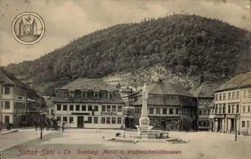 Ak Suhl in Thüringen, Marktplatz, Waffenschmiedbrunnen, Domberg,  Architektur