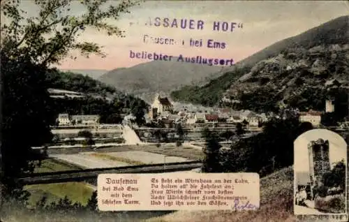 Ak Dausenau Rhein Lahn Kreis, Teilansicht des Ortes mit schiefen Turm