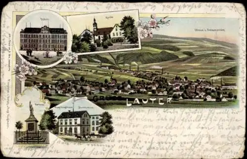 Litho Lauter Bernsbach im Erzgebirge Sachsen, Schule, Kirche, Denkmal