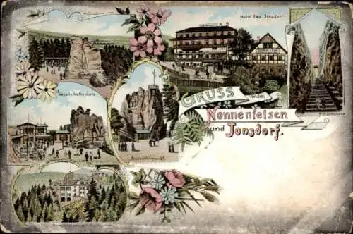 Ak Jonsdorf in Sachsen, Zittauer Gebirge, Nonnenfelsen, Gesellschaftsplatz, Hotel Bad Jensdorf, F