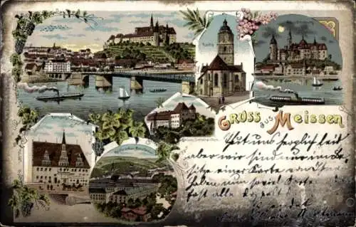 Litho Meißen in Sachsen, Kirche, Albrechtsburg, Rathaus, Porzellanmanufaktur