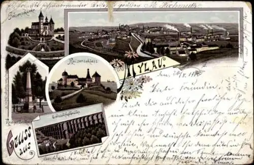 Litho Mylau Reichenbach im Vogtland, Totale, Brücke, Schloss, Denkmal