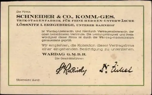 Ak Lößnitz Lössnitz im Erzgebirge, Firma Schneider & Co.., Kom.-Ges., Herrenunterwäsche