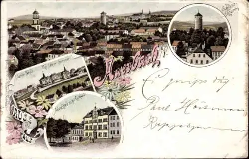 Litho Auerbach im Vogtland, Landwirtschaftsschule, Lehrerseminar, Marktplatz, Rathaus, Schlossturm
