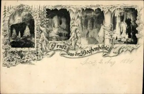 Ak Grüne Iserlohn im Märkischen Kreis, Dechenhöhle, Schwarze Zeichnungen der  Gruß aus der Dechen
