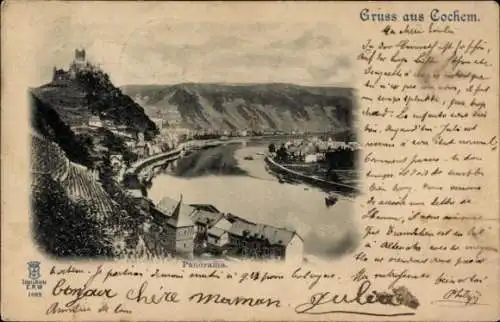 Ak Cochem an der Mosel, Panoramablick, Burg im Hintergrund, Moselfluss, Gruß von Julia