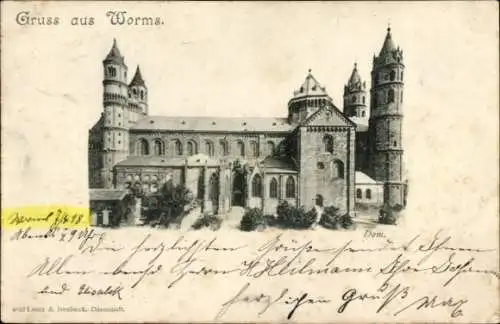 Ak Worms am Rhein, Historische Kathedrale,  mit Gruß, schwarz-weiß Fotografie