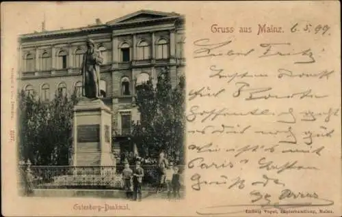 Ak Mainz am Rhein, Gutenberg-Denkmal, Statue, s Gebäude, Gruss aus Mainz