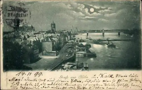 Ak Köln am Rhein, Nachtansicht von  Himmel mit Mond, Stadtansicht, Rhein, Schiffe