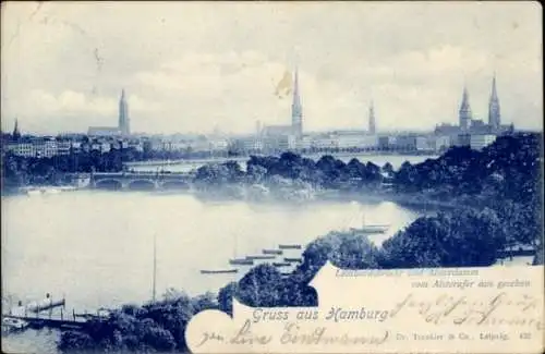 Ak Hamburg Mitte Altstadt, Lombardsbrücke, Alterdamm, Alsterufer, Blick auf die Stadt