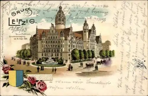 Ak Leipzig, Meues Rathaus, Grundsteinlegung, 15. Sept. 1899, kolorierte Ansicht